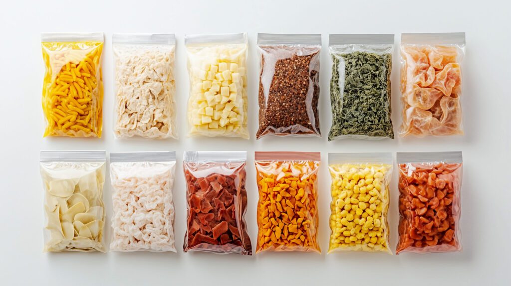 Dried fruits and vegetables in vacuum sealed bags.